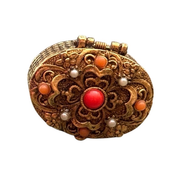 Vintage Orange Bead and Faux Pearl Studded Micro Pill Box Italian Inspired - Picture 3 of 7